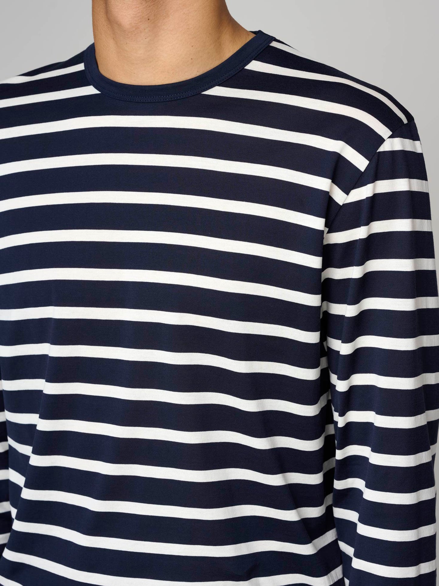 Long Sleeve Classic Cotton T-shirt, Navy/Ecru Stripe