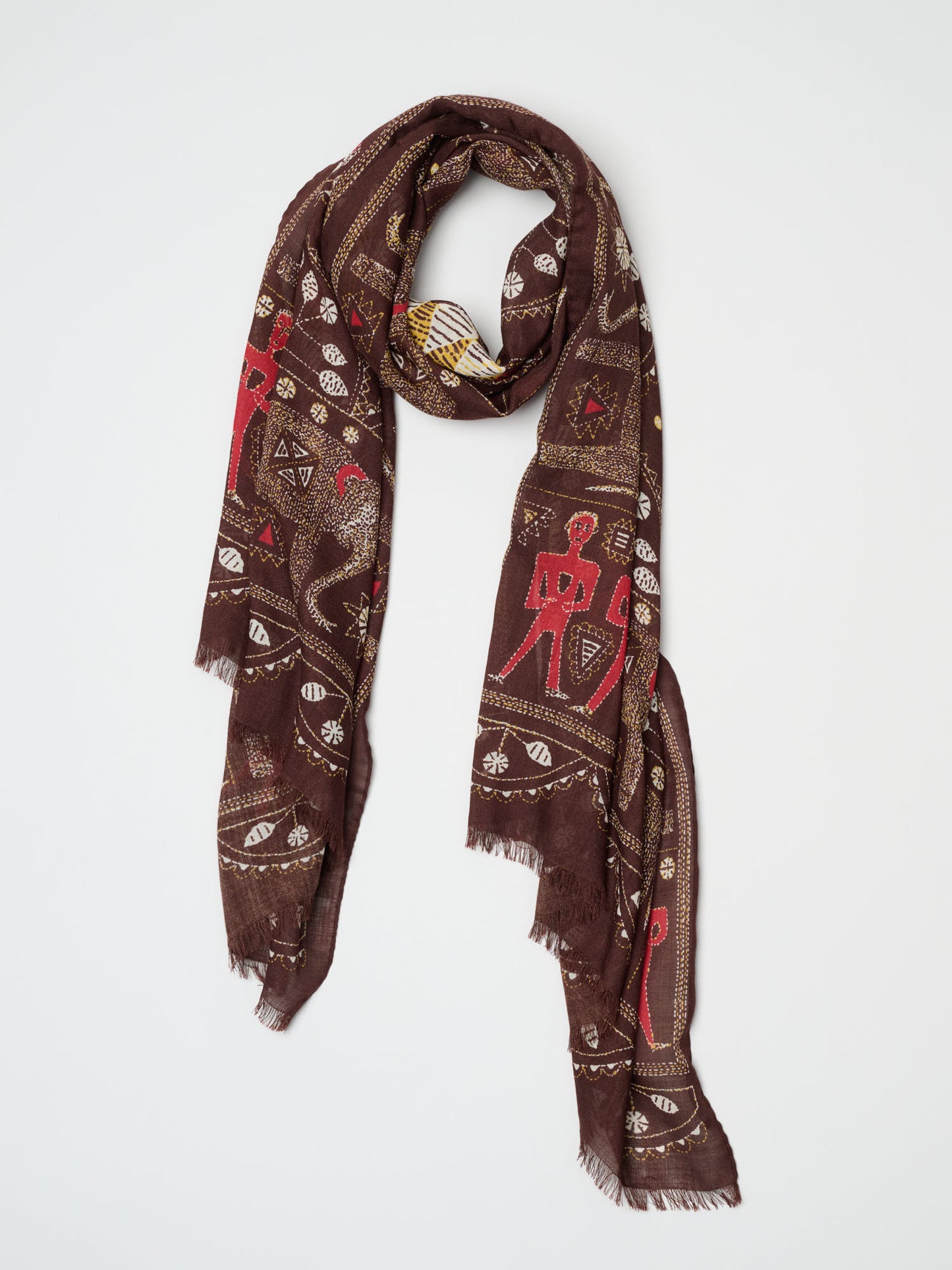 Elephant Print Wool Silk Scarf, Brown