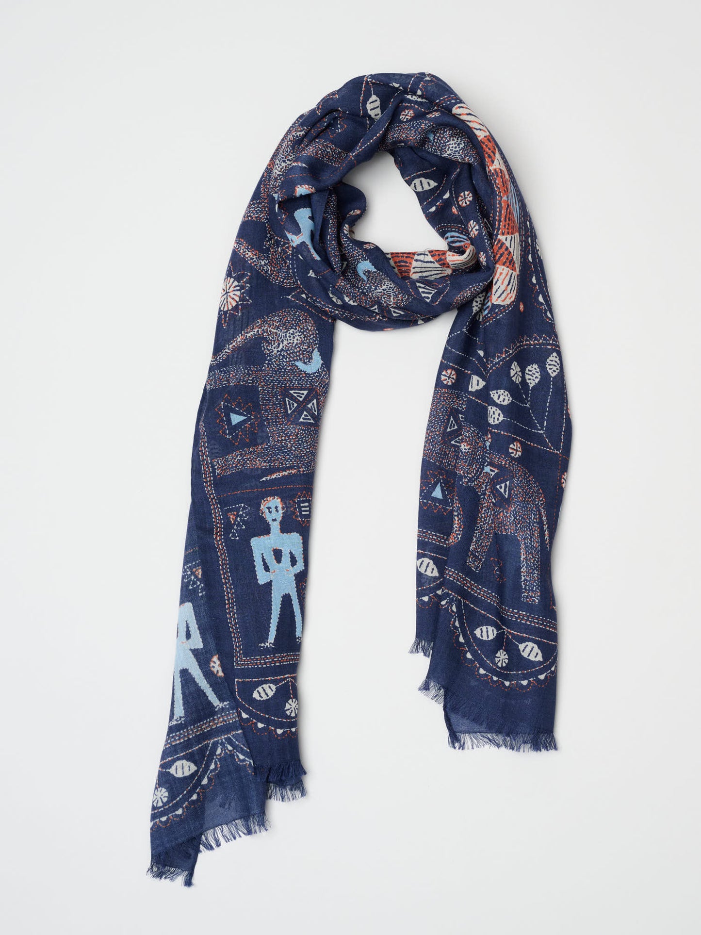 Elephant Print Wool Silk Scarf, Navy