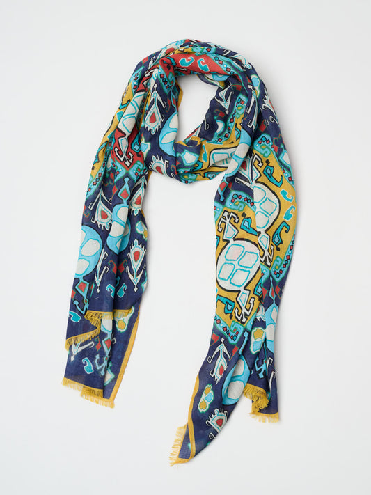 Tapestry Print Wool Silk Scarf, Navy