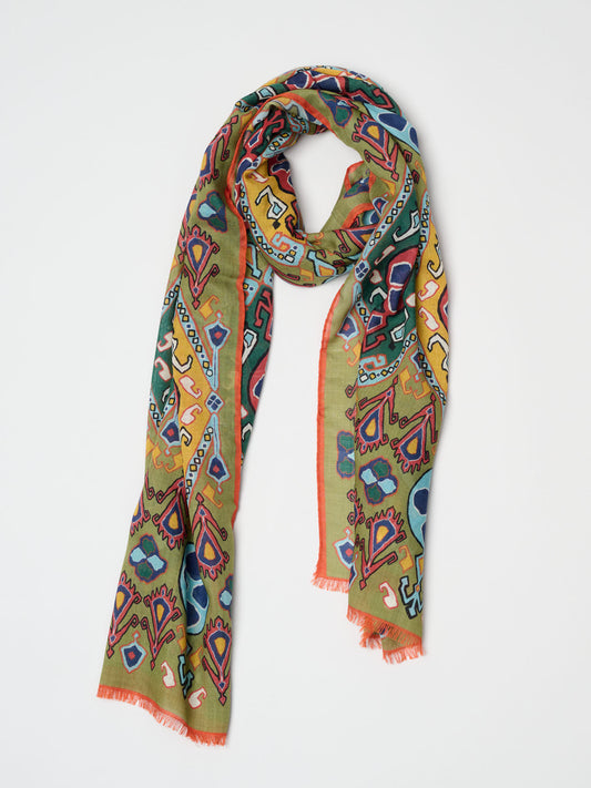 Tapestry Print Wool Silk Scarf, Olive