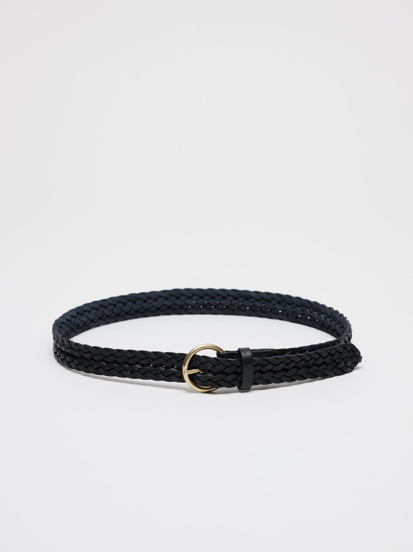 Round Buckle Braided Leather Belt, Black