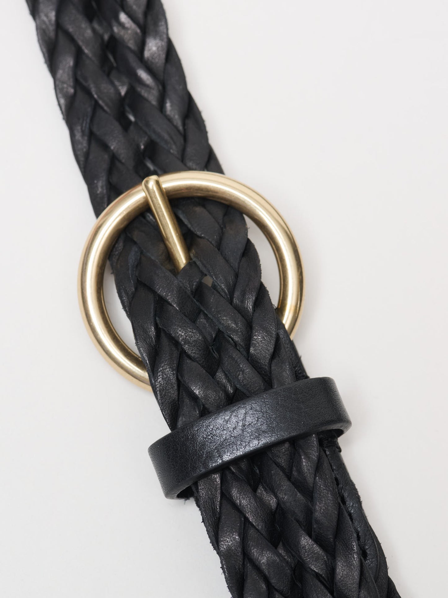 Round Buckle Braided Leather Belt, Black