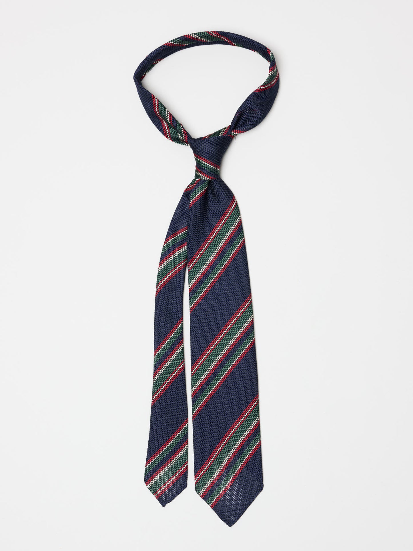 Hand Rolled Silk Grenadine Tie, Navy/Green/Red Stripe