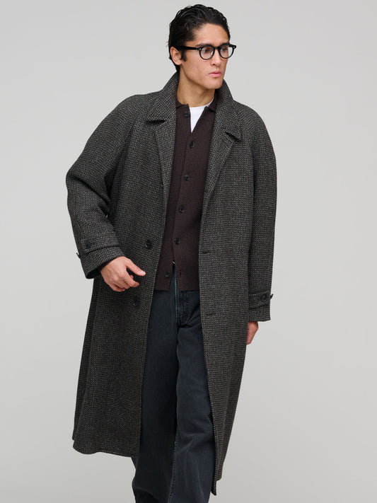 Alpaca Wool Silk Tweed Soutien Collar Coat, Gray Brown Hairline