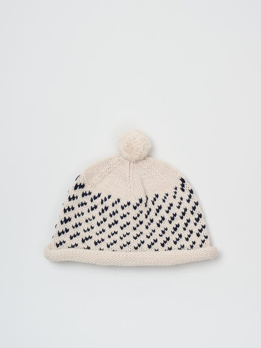 Wool Jacquard Beanie w. Pom, Ivory
