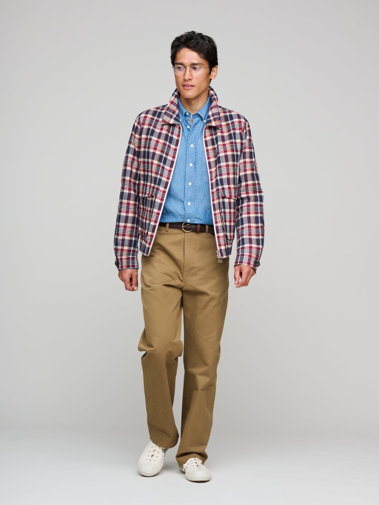 Waxed Madras Tennis Blouson, Navy, Rust & Ecru