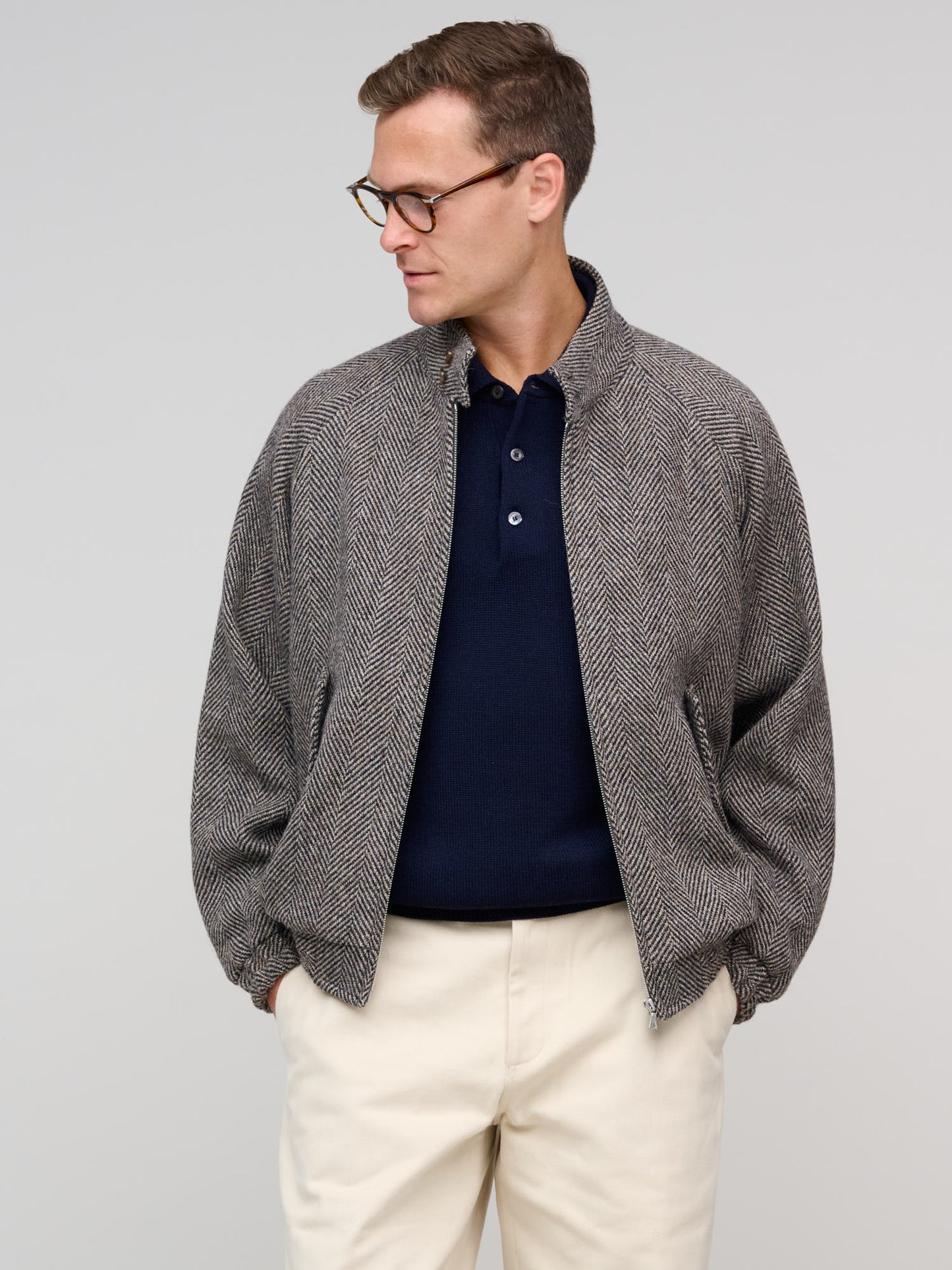 Lama Shetland Wool Tweed Zip Blouson, Khaki Tweed