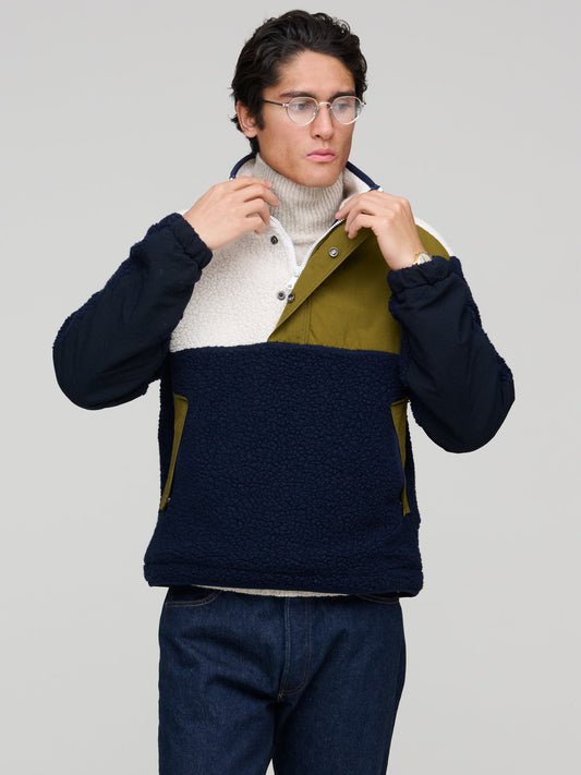 Boucle Wool Half-Zip Fleece Jacket, Navy Ecru & Khaki