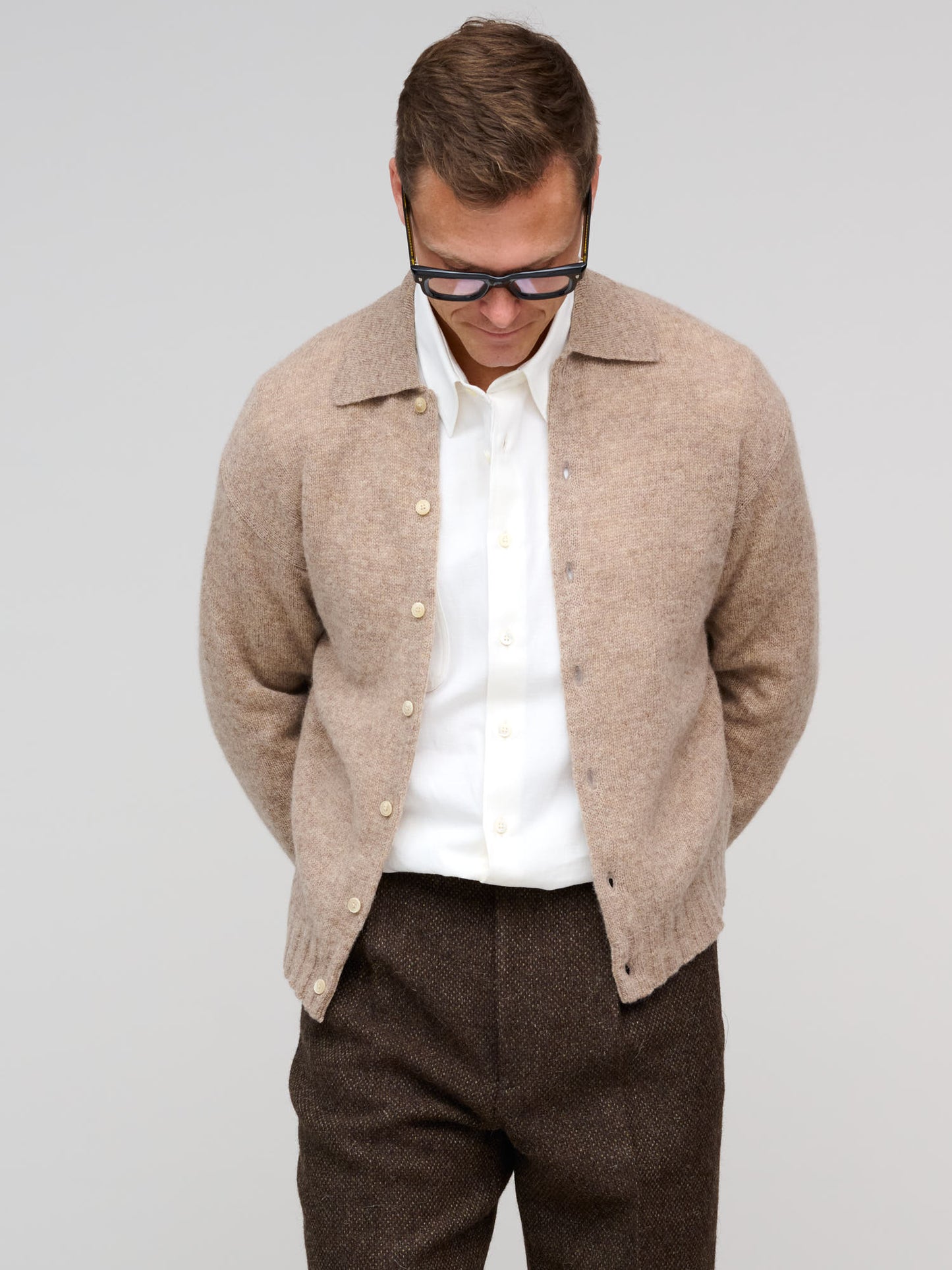 Shetland Wool Cashmere Knit Cardigan, Top Beige