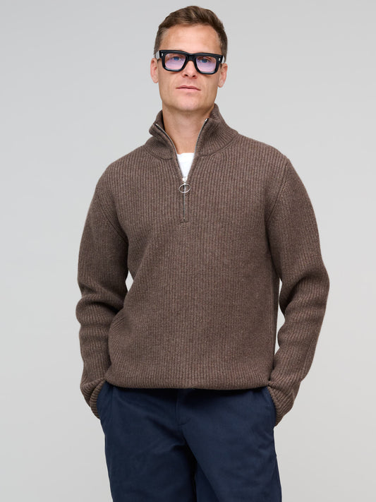 Half Zip Rib Sweater, Pale Brown