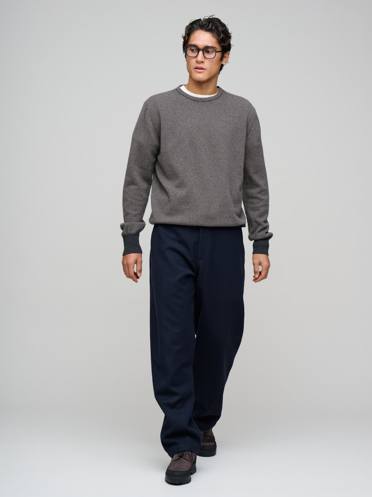 Feeder Stripe Crew Merino Cashmere, Taupe & Charcoal