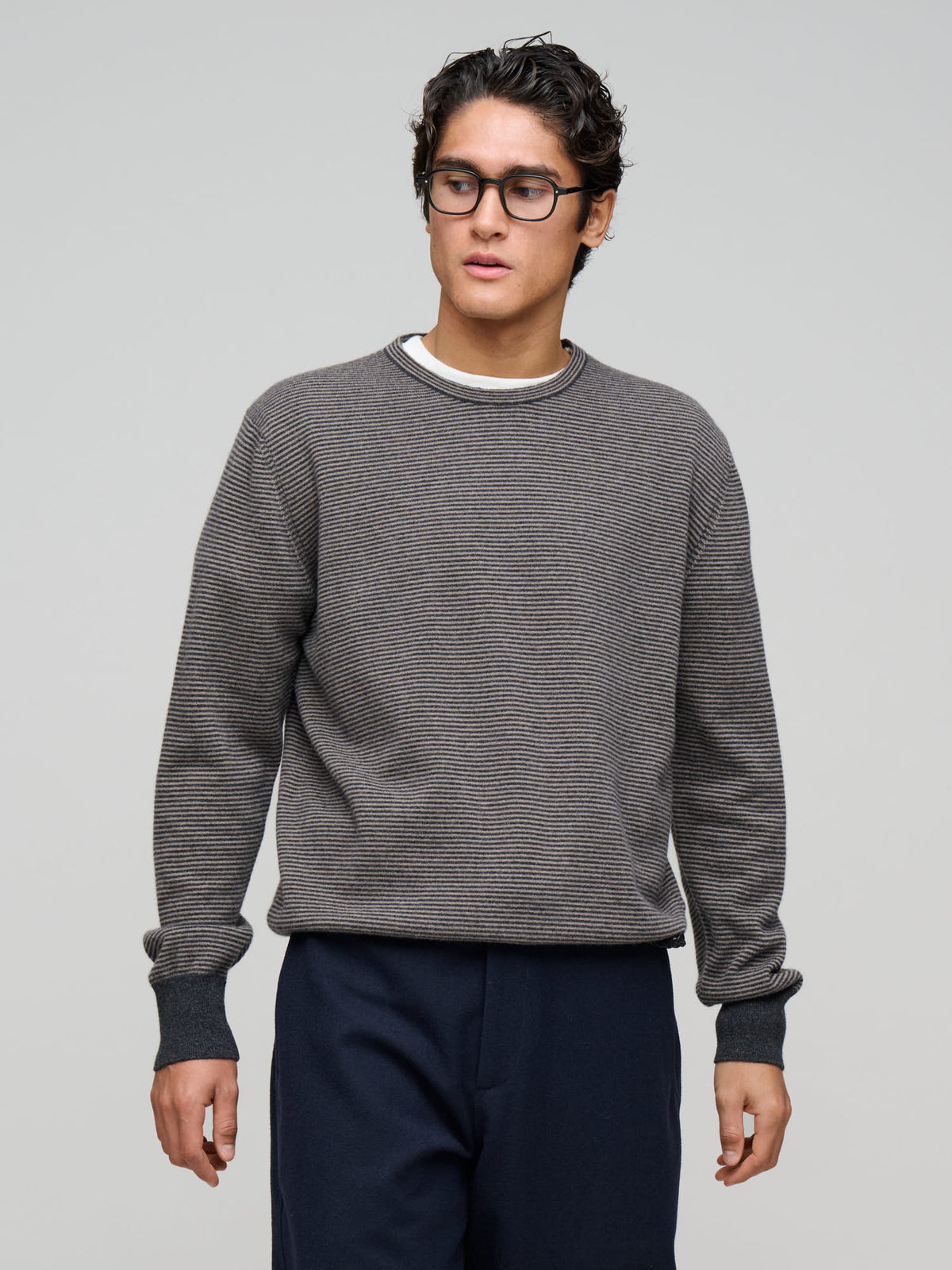Feeder Stripe Crew Merino Cashmere, Taupe & Charcoal