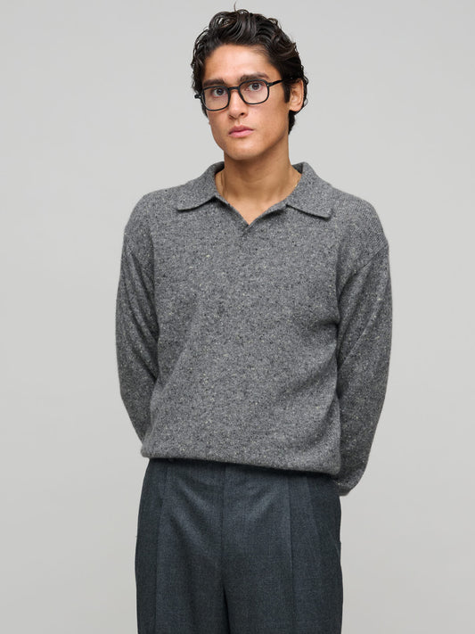 Cashmere Nep Knit Polo, Mix Grey