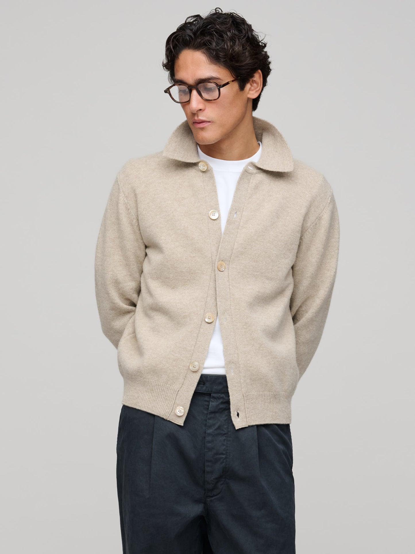 Polo Cardigan, Light Oat Melange