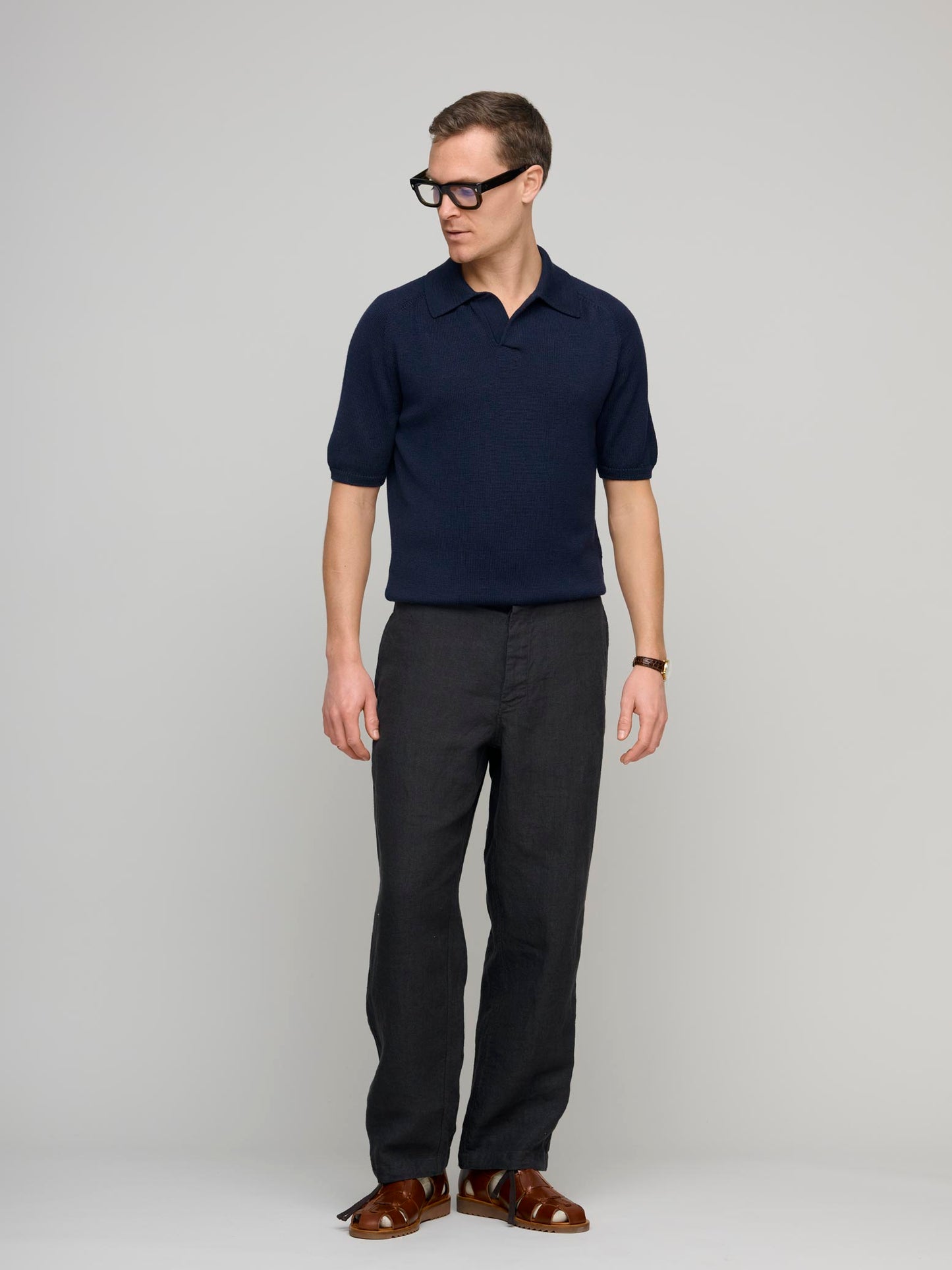 Merino Wool/Silk Short Sleeve Polo, Dark Navy