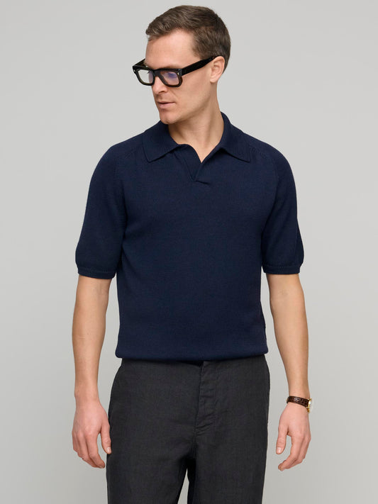 Merino Wool/Silk Short Sleeve Polo, Dark Navy