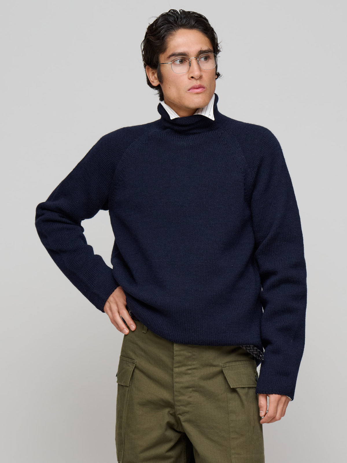 Rolled Edge Roll Neck Dry Merino, Dark Navy