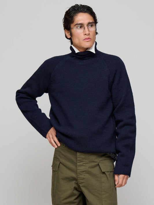 Rolled Edge Roll Neck Dry Merino, Dark Navy