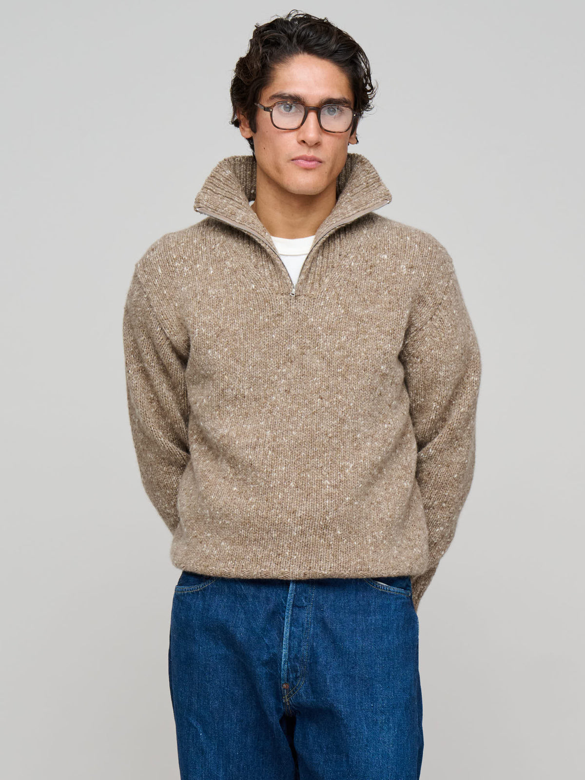 Low-Gauge Homespun Tweed Knit Zip Turtle, Top Brown