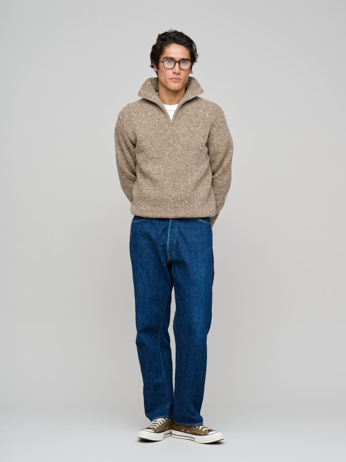 Low-Gauge Homespun Tweed Knit Zip Turtle, Top Brown