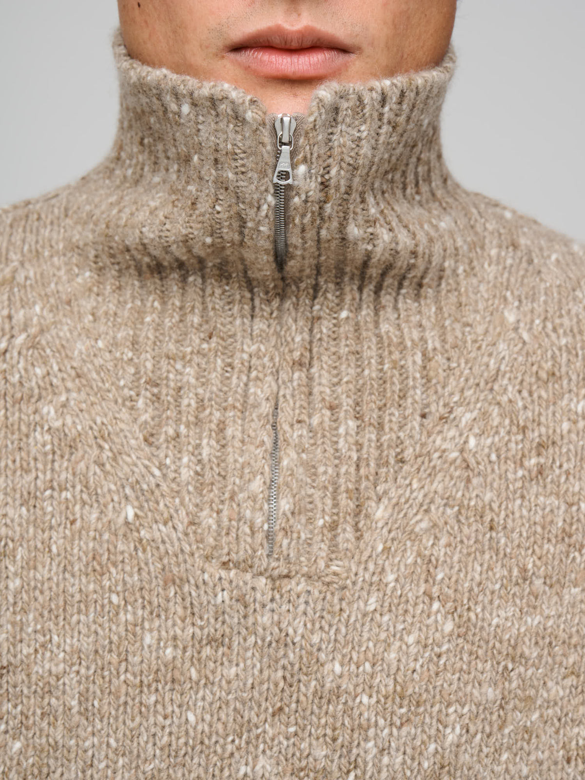 Low-Gauge Homespun Tweed Knit Zip Turtle, Top Brown