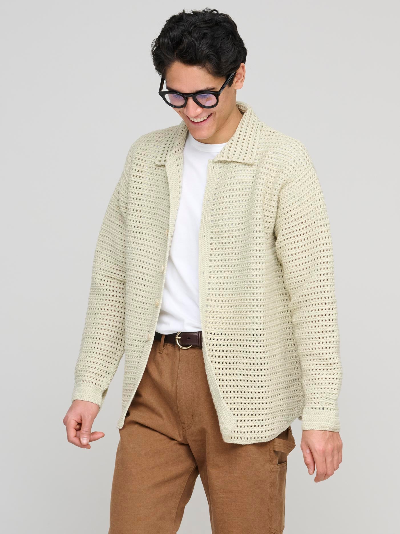 Hand Crochet Wool Knit Shirt, Light Khaki