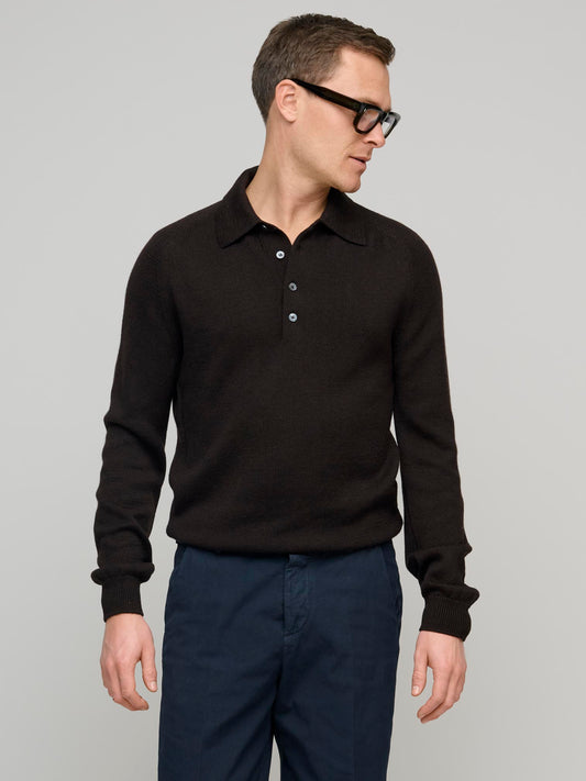 Merino Wool/Silk Long Sleeve Polo, Dark Brown
