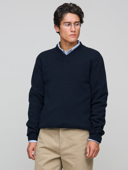 Lambswool V-neck Jumper, Dark Navy Mouline