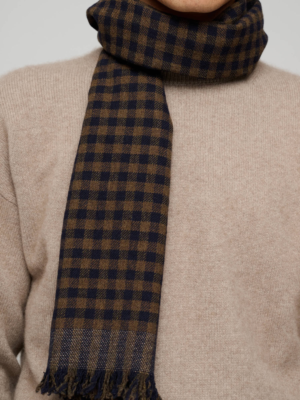 Fine Gingham Lambswool Scarf, Brown & Dark Navy