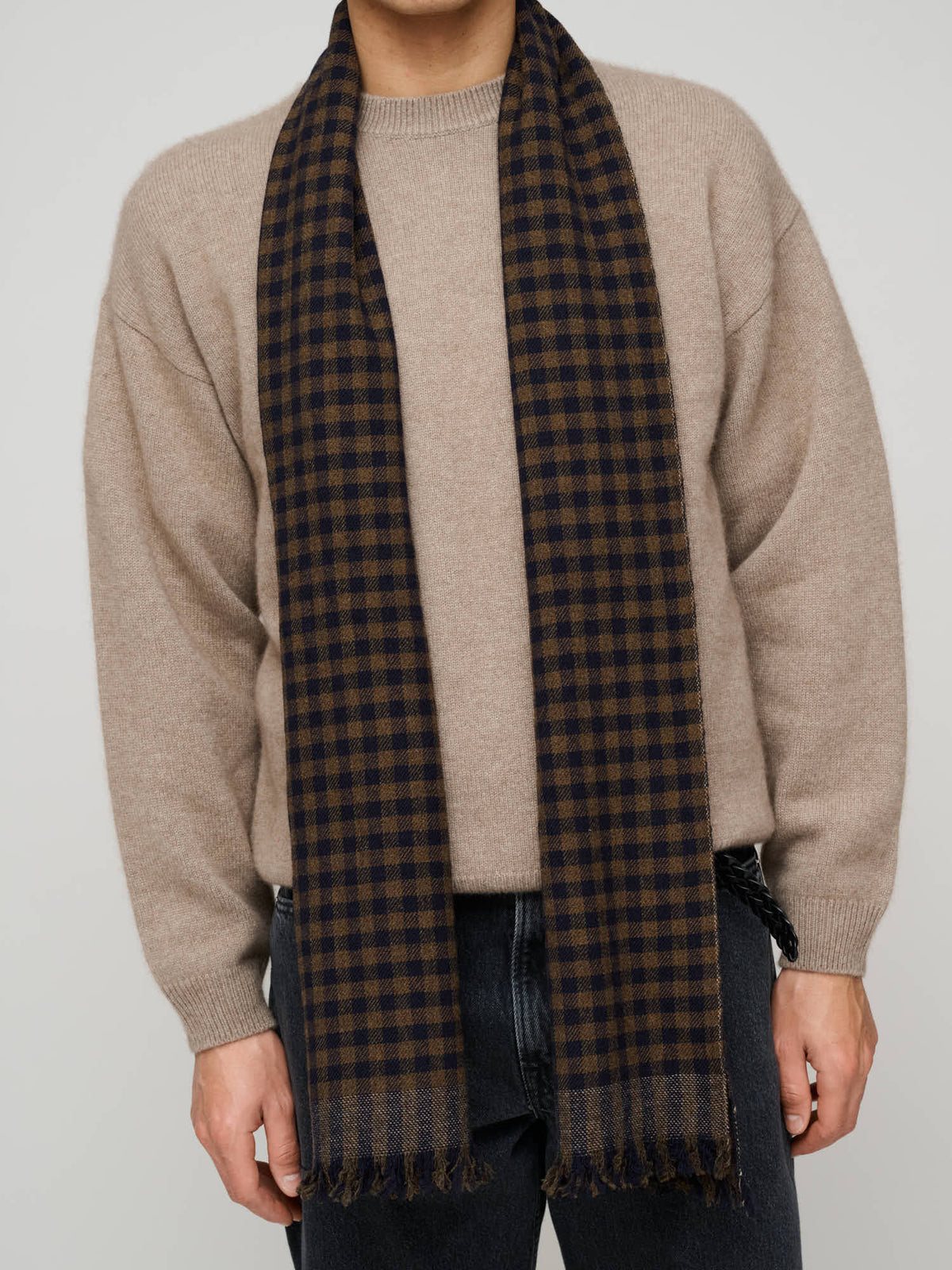 Fine Gingham Lambswool Scarf, Brown & Dark Navy