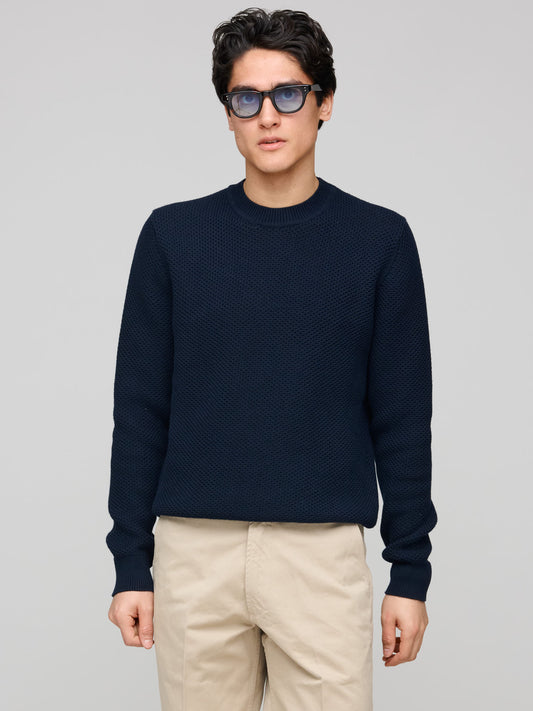 Honeycomb Cotton Crew Neck Jumper, Navy