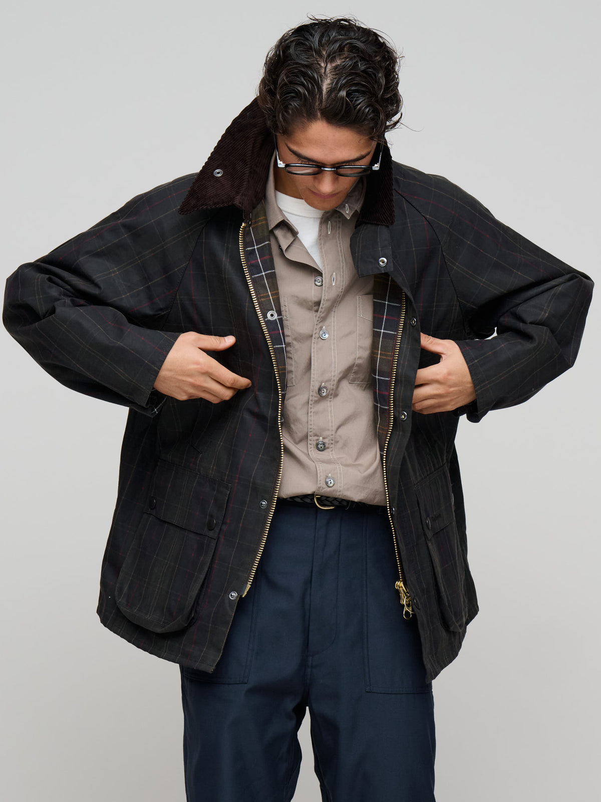 Tartan Oversized Bedale Wax Jacket, Olive