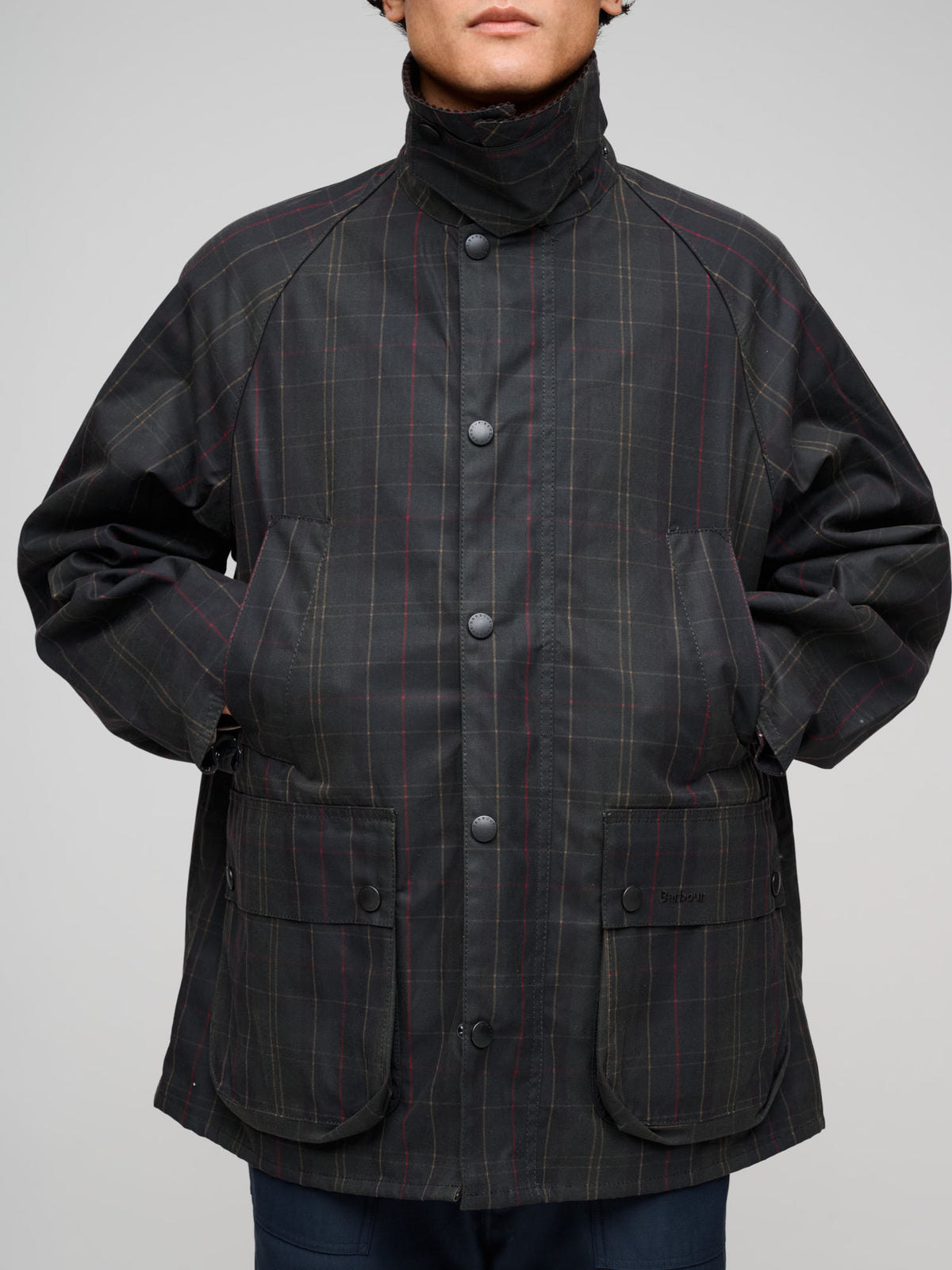 Tartan Oversized Bedale Wax Jacket, Olive