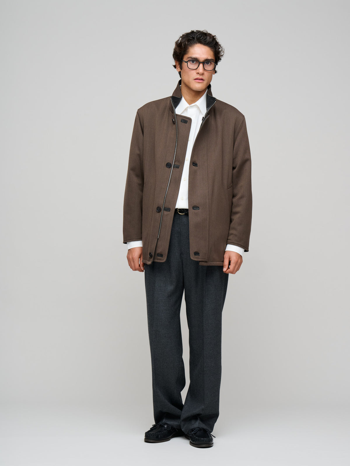 Reversible Wool Twisted Twill / Lamb Leather Half Coat, Brown Chambray & Black