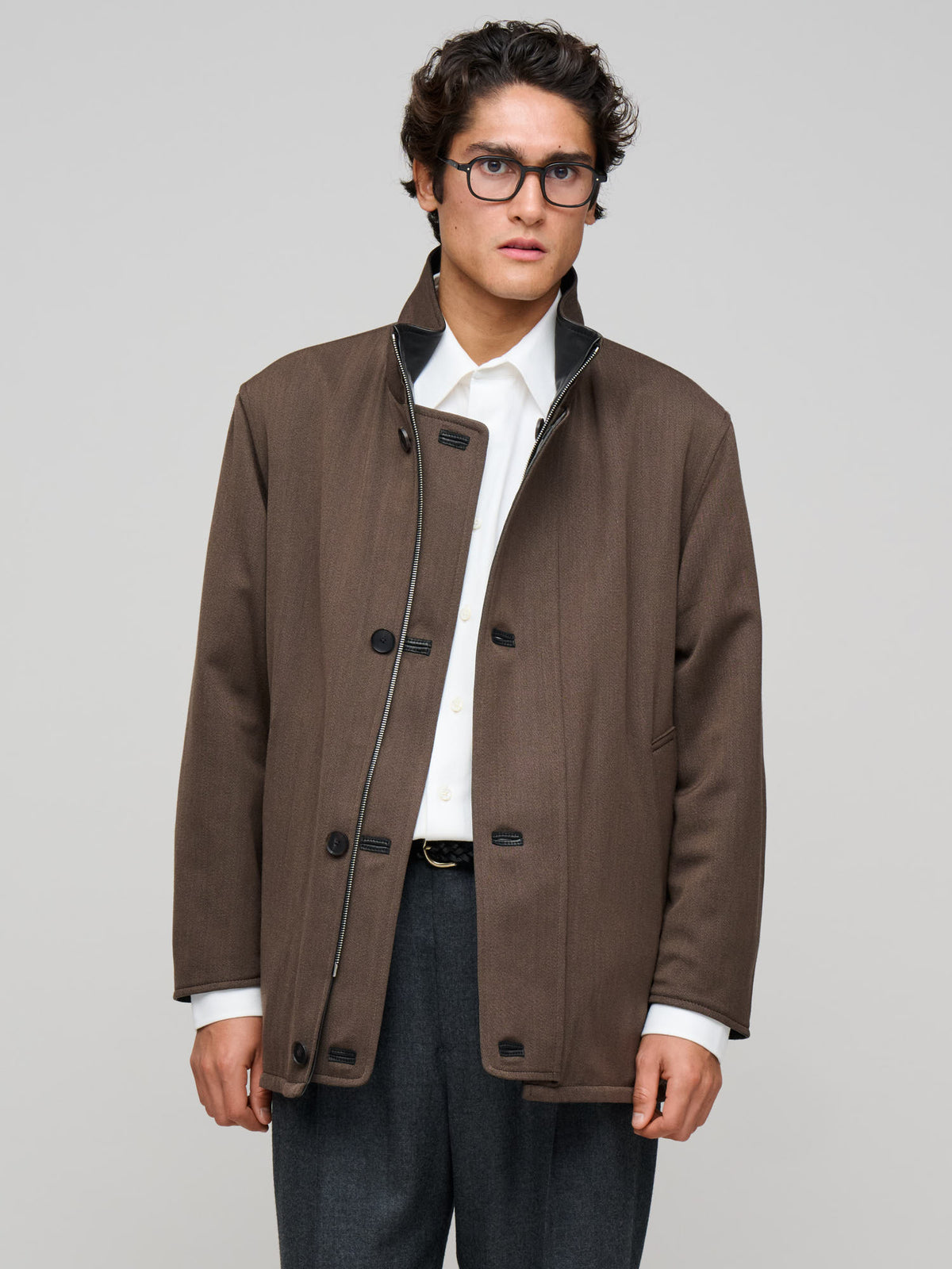 Reversible Wool Twisted Twill / Lamb Leather Half Coat, Brown Chambray & Black