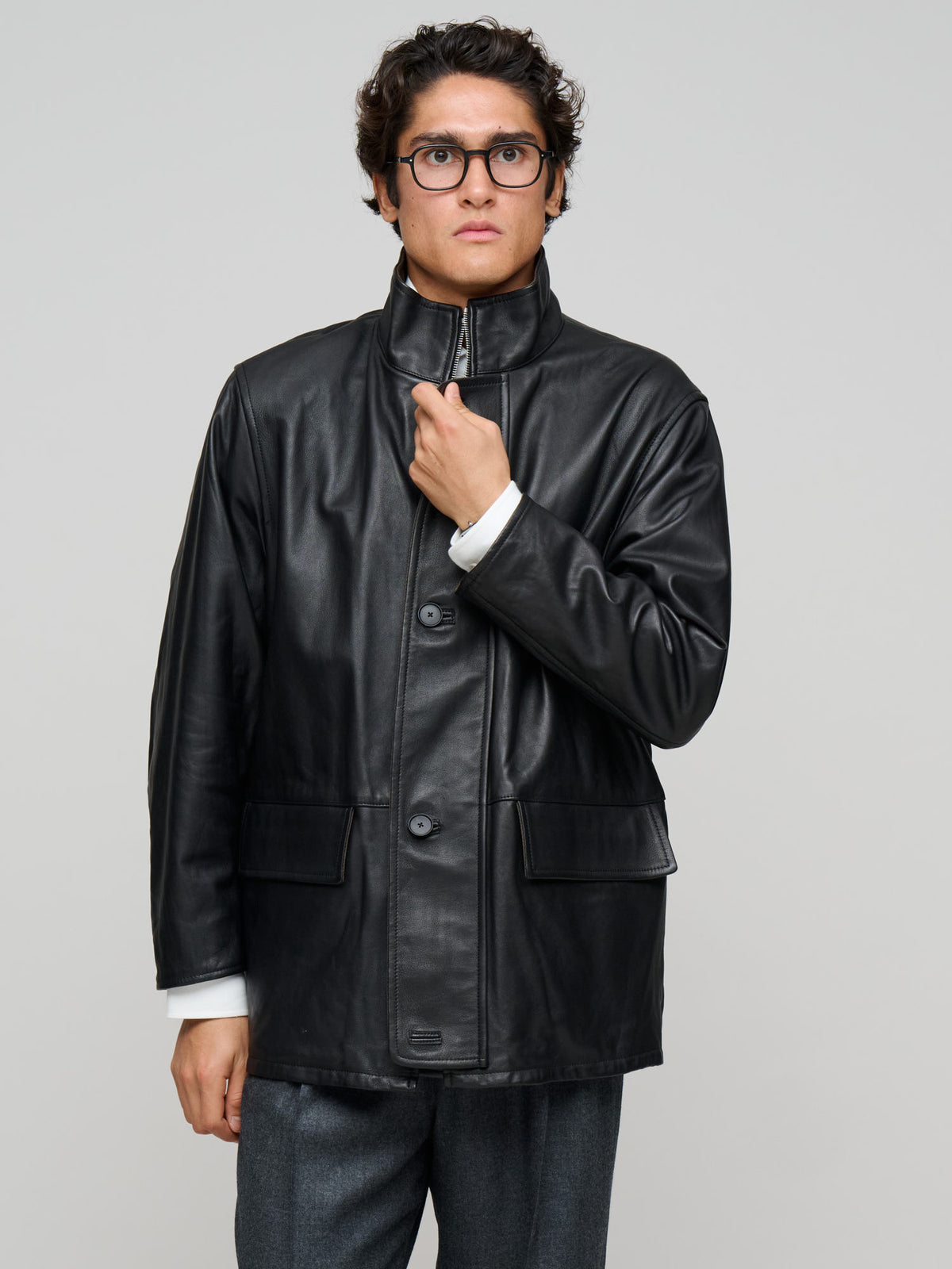 Reversible Wool Twisted Twill / Lamb Leather Half Coat, Brown Chambray & Black