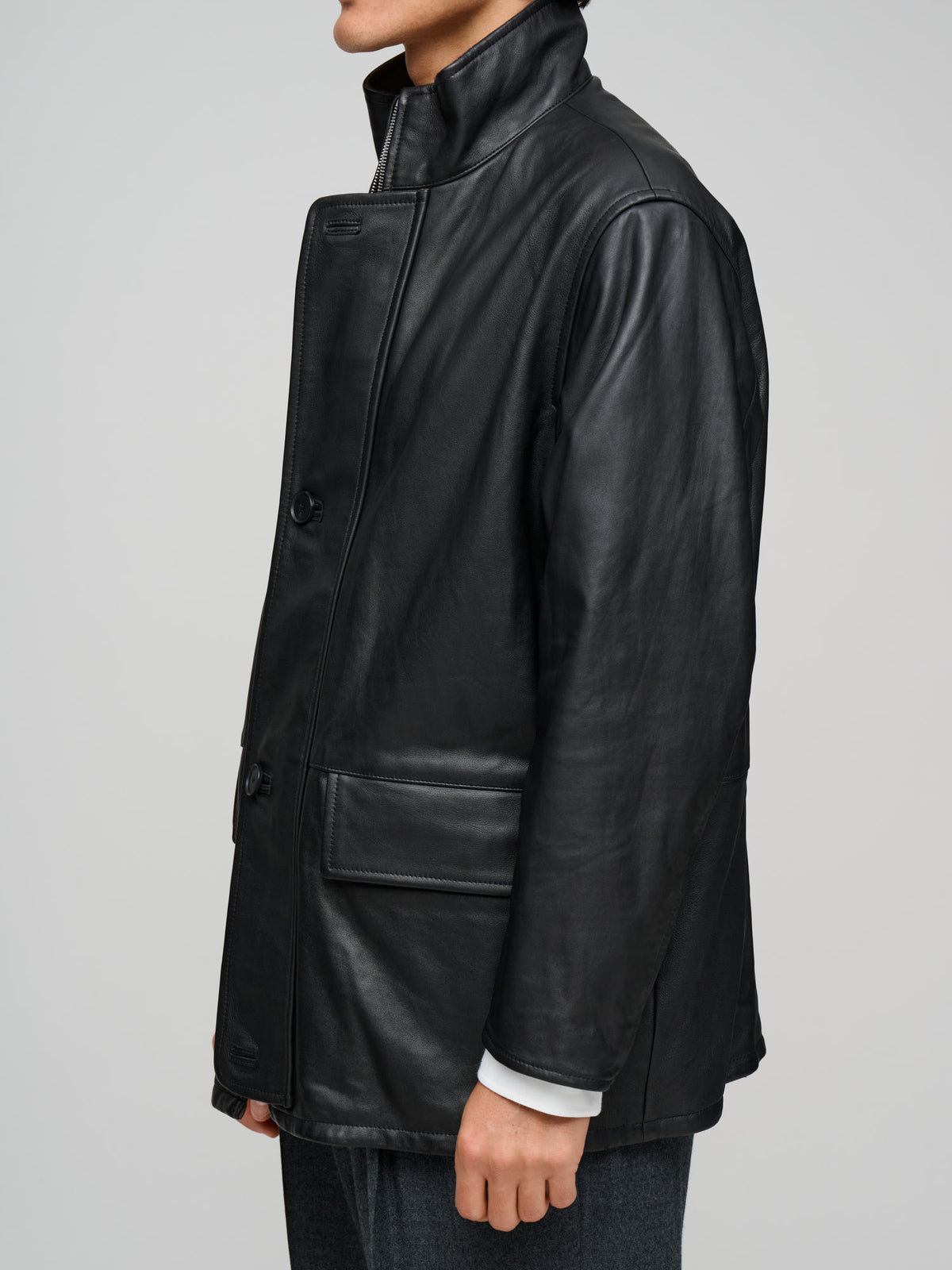 Reversible Wool Twisted Twill / Lamb Leather Half Coat, Brown Chambray & Black