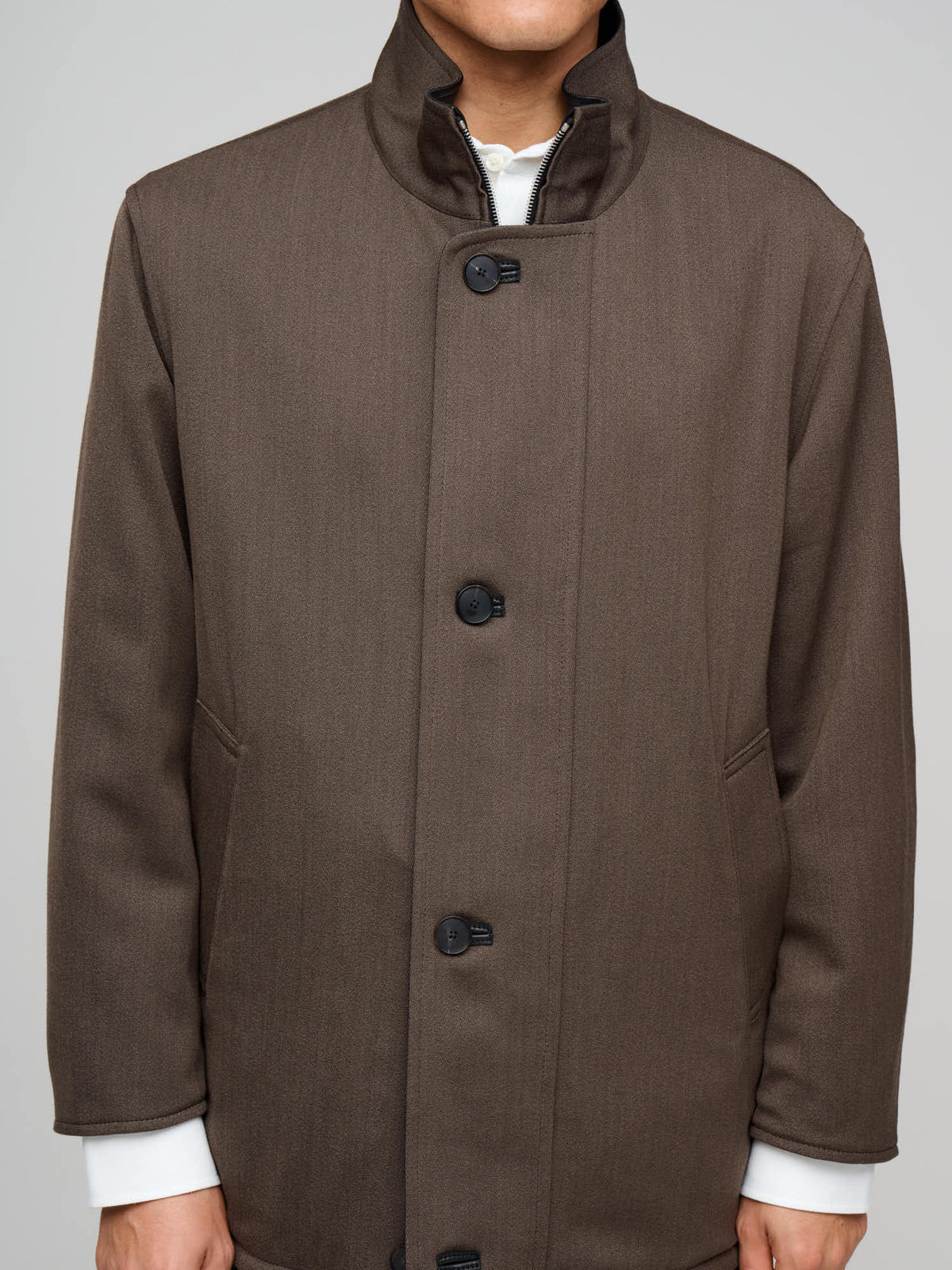 Reversible Wool Twisted Twill / Lamb Leather Half Coat, Brown Chambray & Black