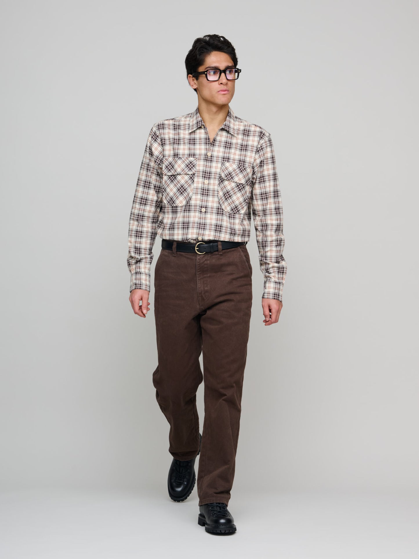 Checked LS Camp Collar Shirt, Brown/Beige