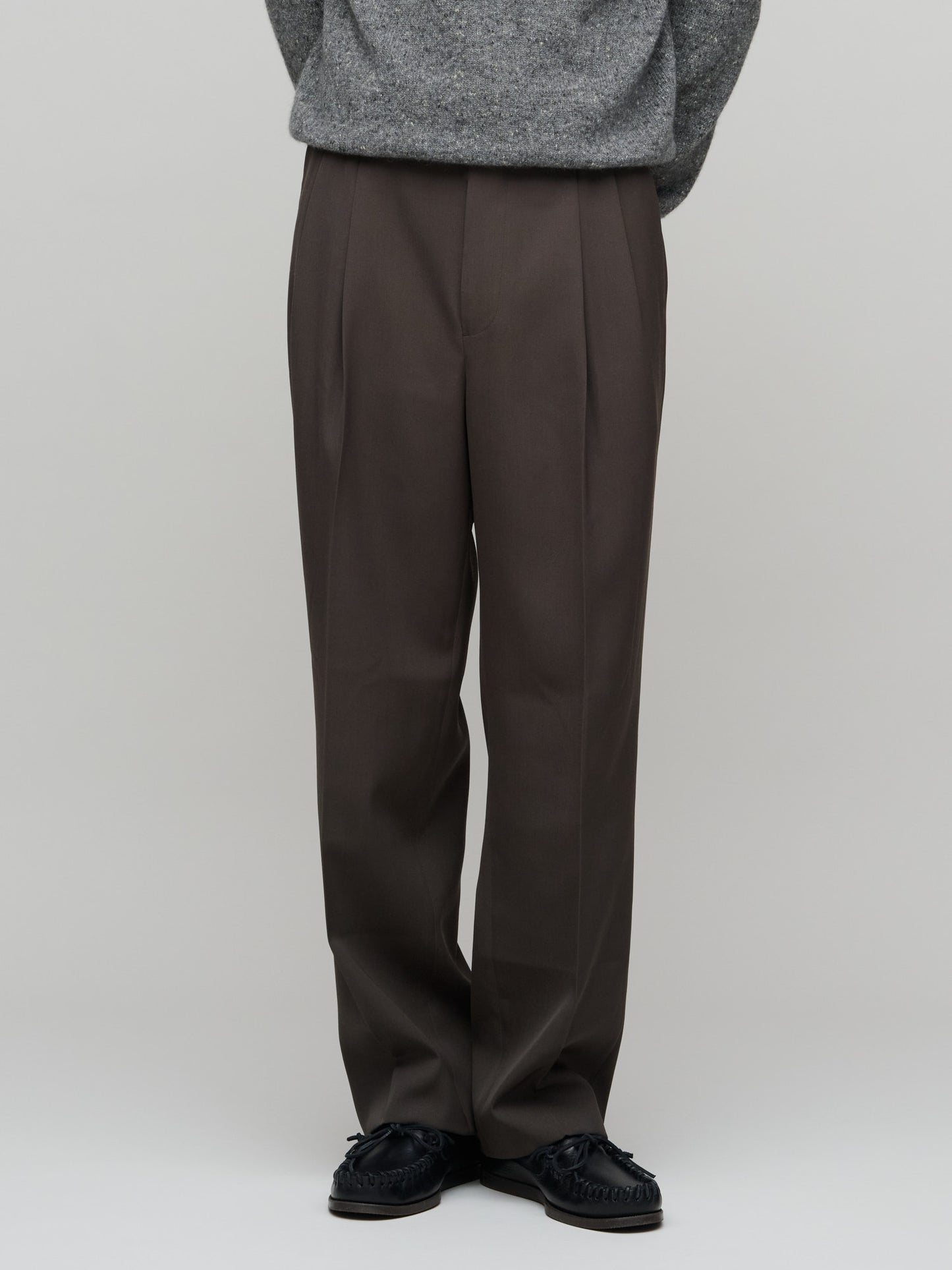 Light Wool Max Gabardine Two-Tuck Slacks, Dark Brown