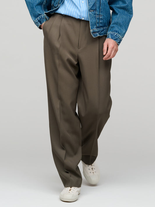 Light Wool Max Gabardine Two-Tuck Slacks, Dark Olive Brown