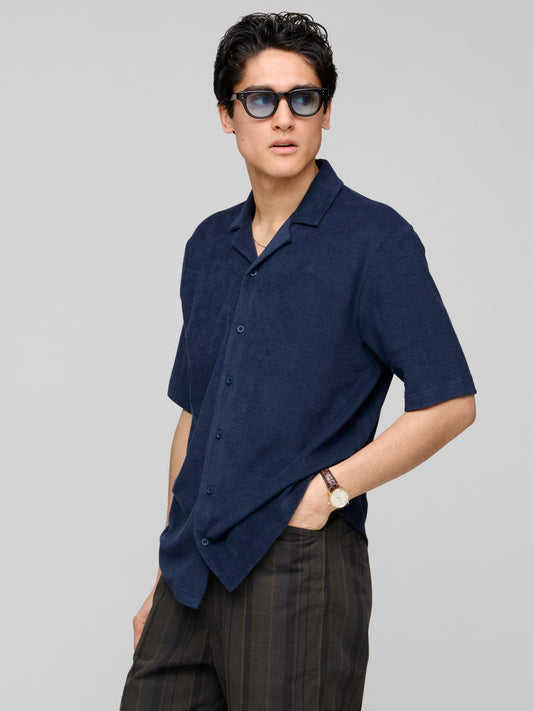 Towelling Camp Collar Shirt, Navy