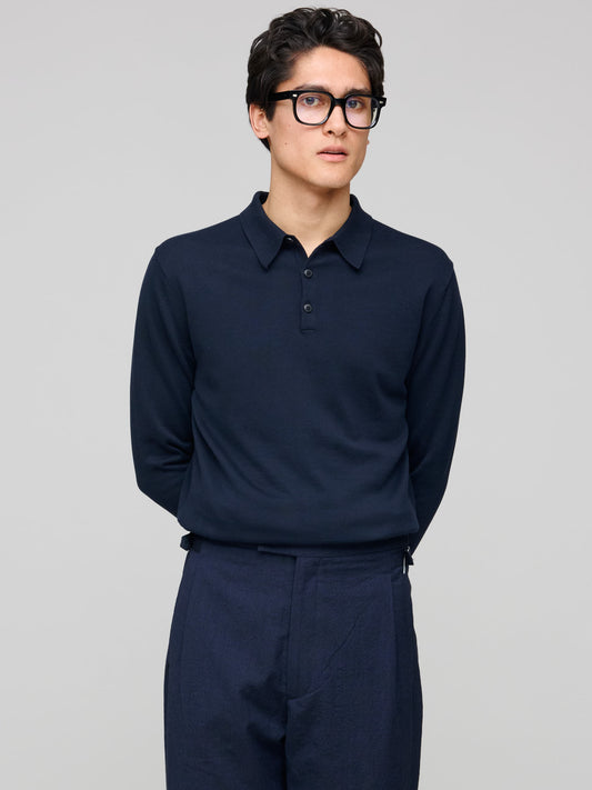 Long Sleeve Sea Island Cotton Polo Shirt, Light Navy