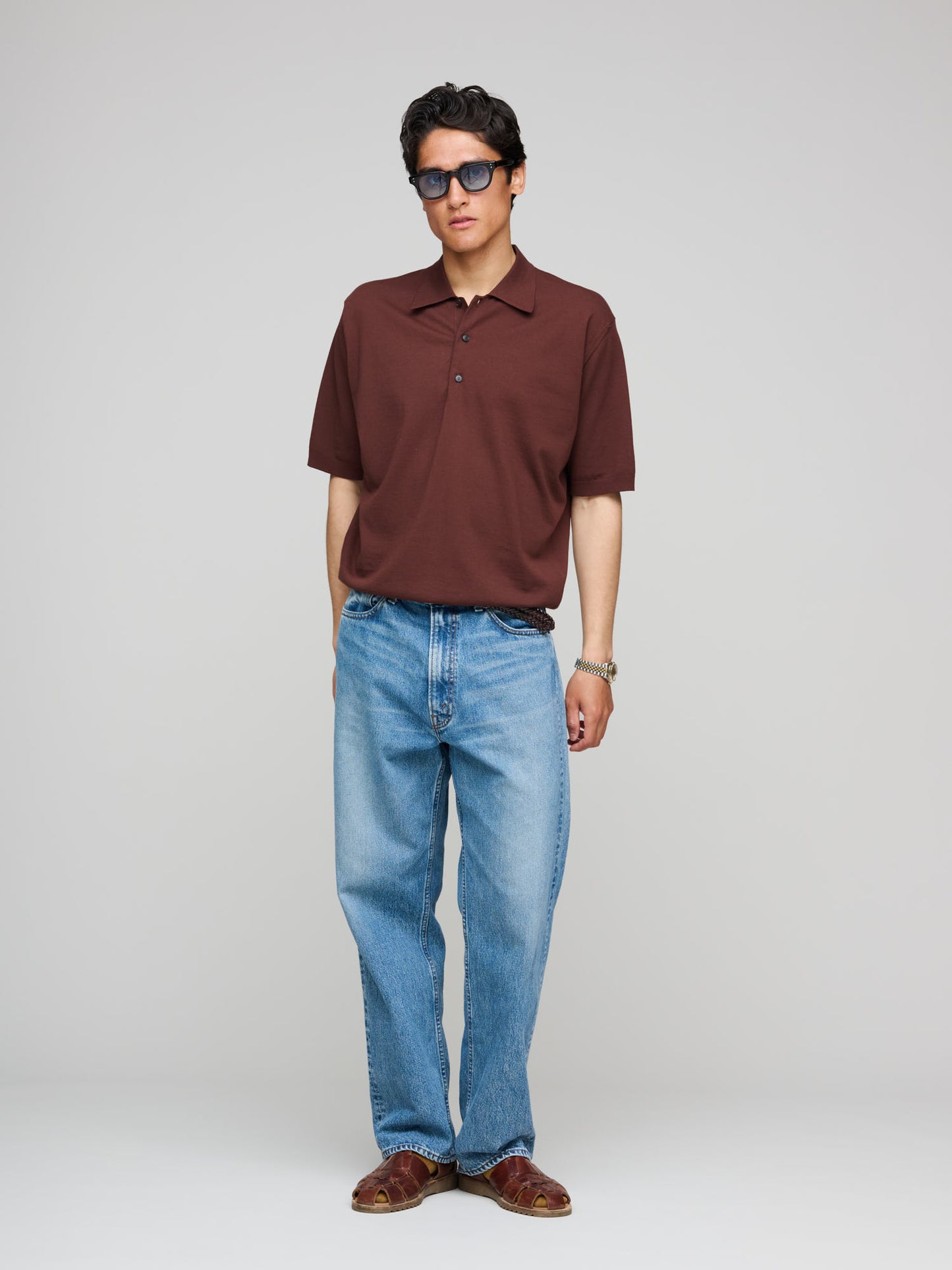 Super High Gauge Cotton Knit Polo, Brown