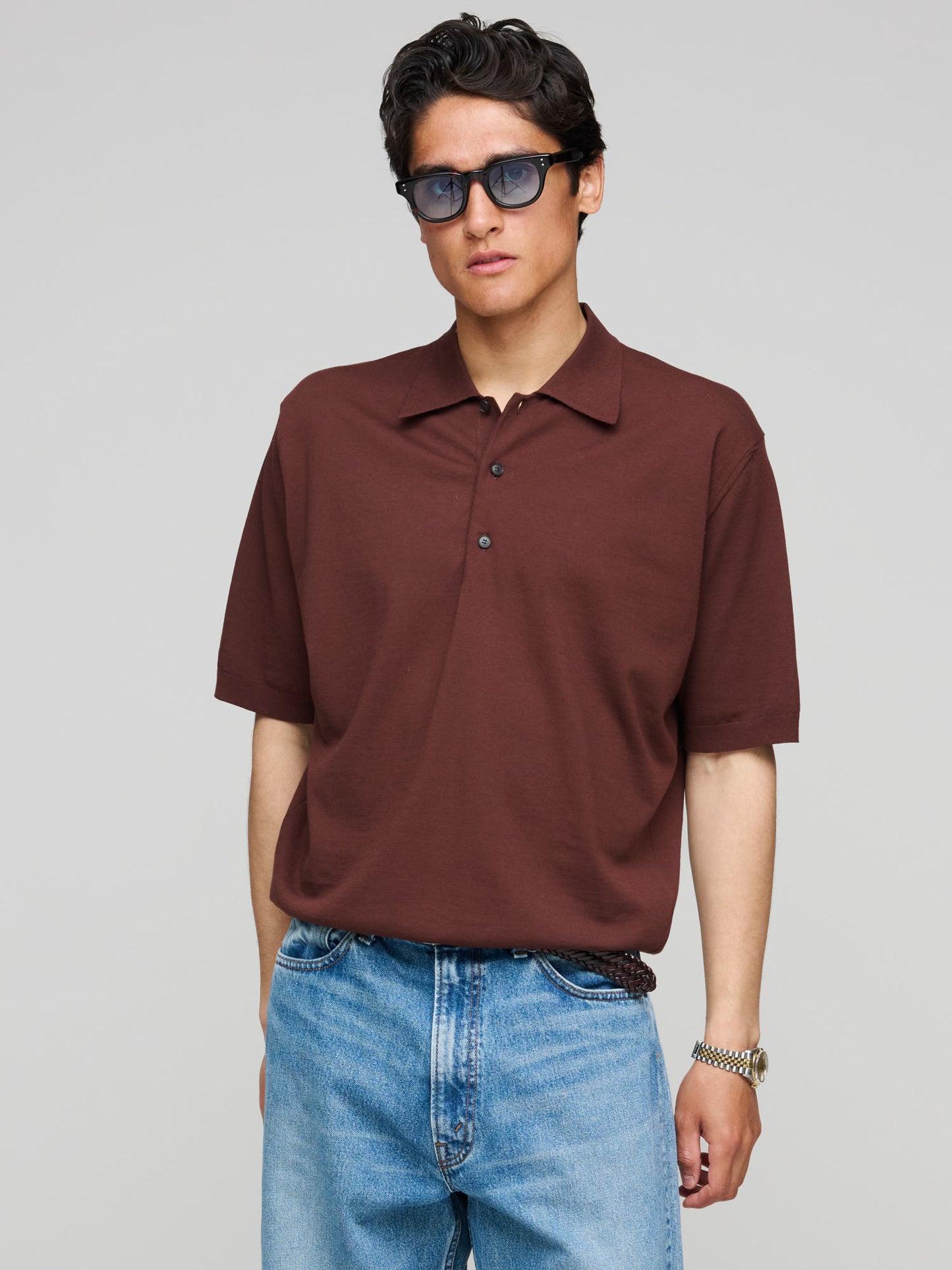 Super High Gauge Cotton Knit Polo, Brown