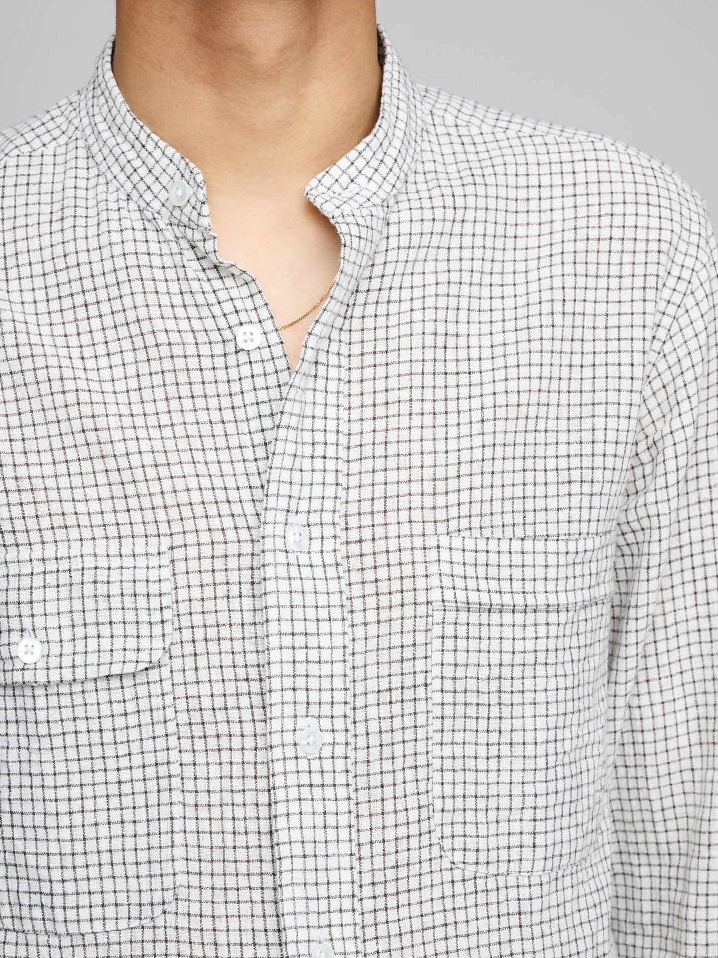 Grandad Collar Linen Cotton Check Shirt, Black & White