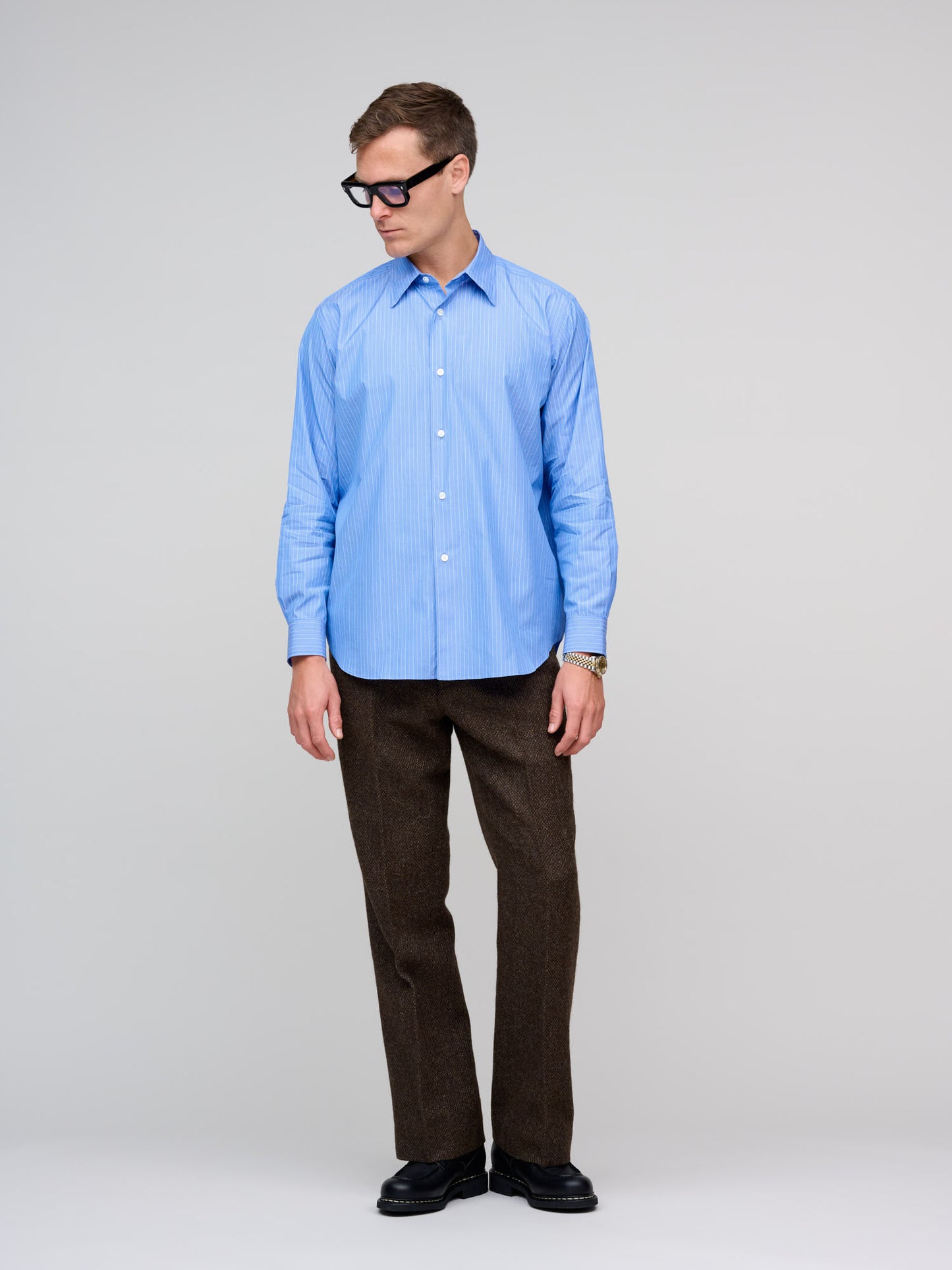 Suvin High Count Cloth Stripe Shirt, Sax Blue