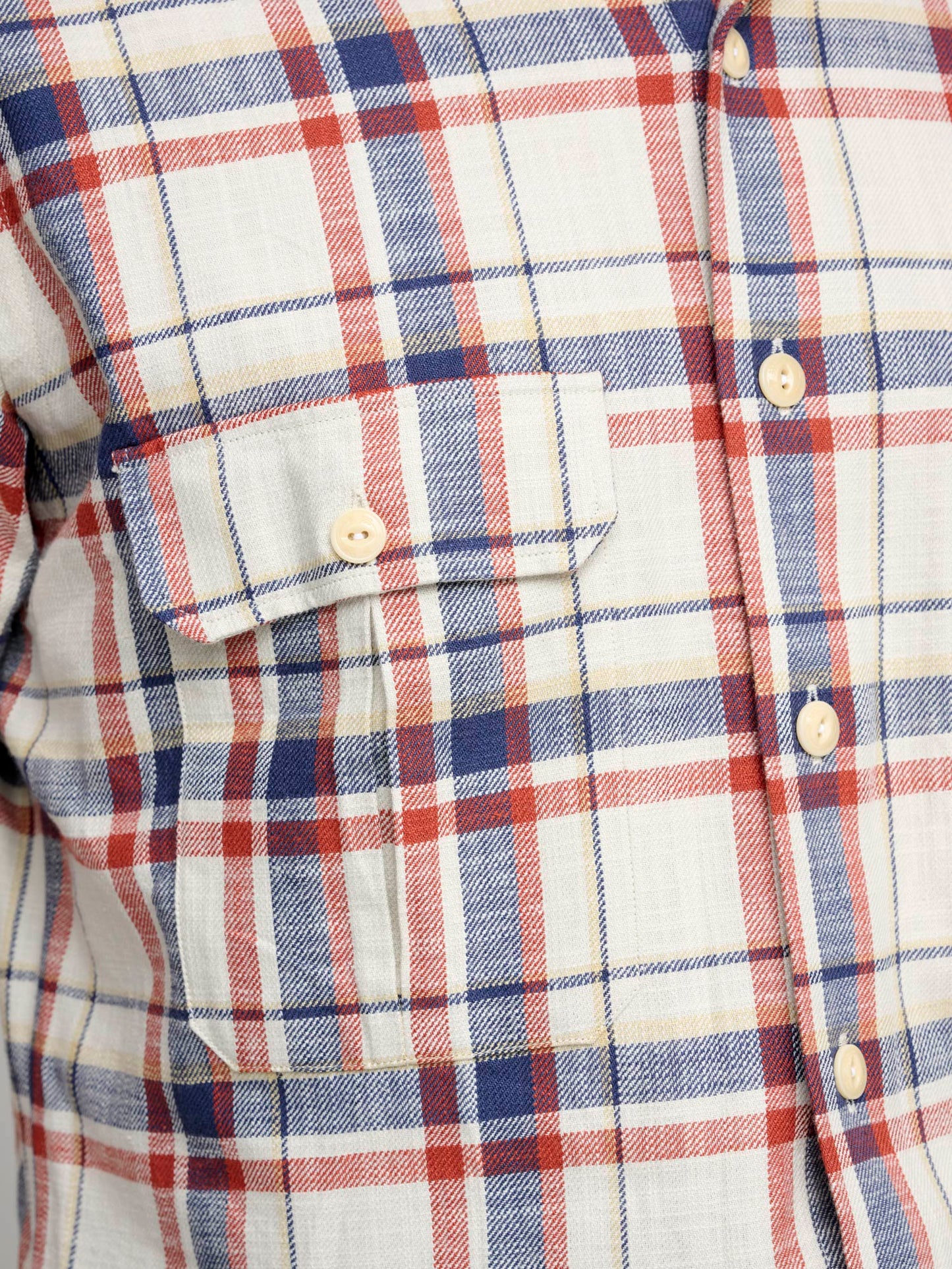 Checked Slub Cotton Two-Pocket Work Shirt, Ecru/Navy/Red