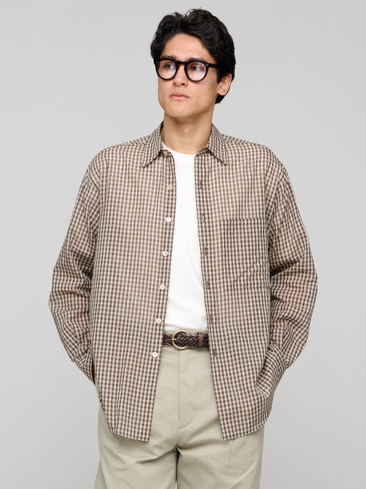 Airy Light Cotton Check Big Shirt, Brown Gingham Check